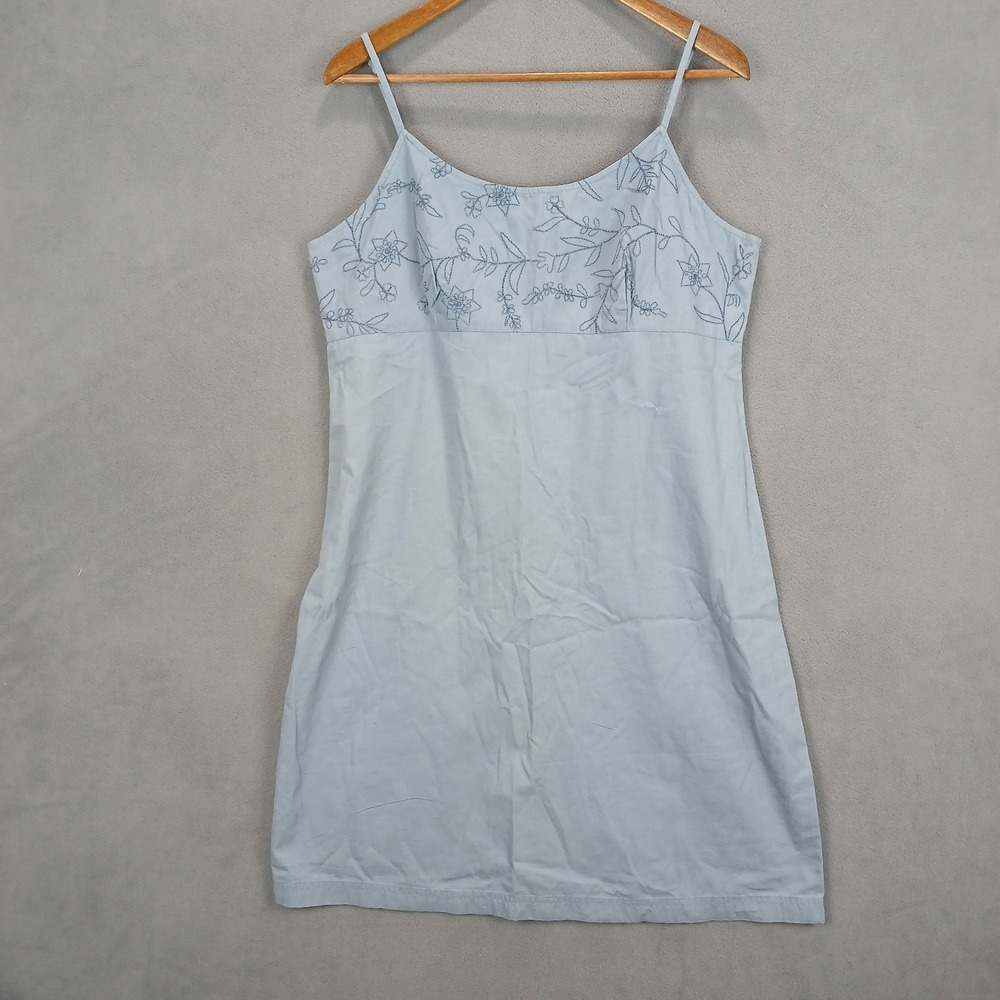 NY Khakis Mini Dress Women 14 Blue Gray Floral Cotton Spaghetti Straps Back Zip